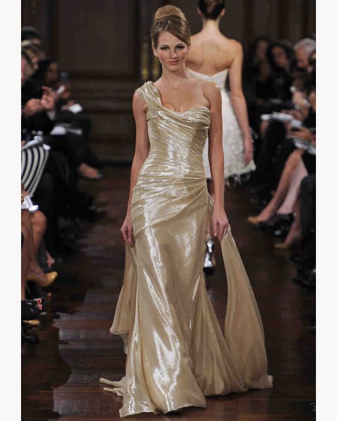 gold one shoulder floor length mermaid lamb dress