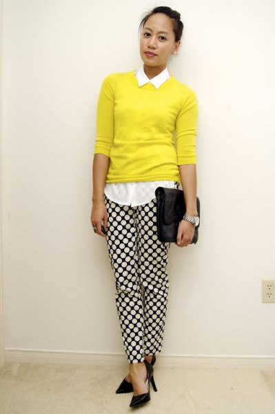 white button up shirt with yellow sweater and plaid trousers