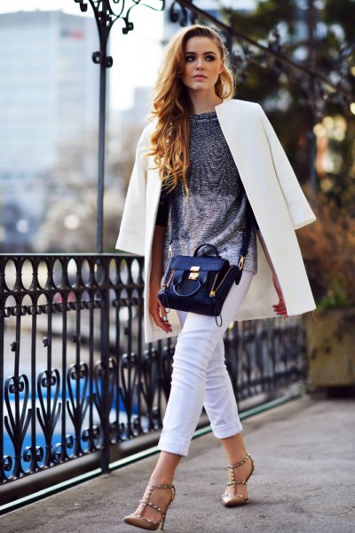 white long blazer with silver top and bronze heels