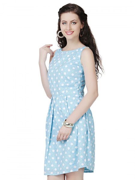 sky blue and white polka dot mini tank dress
