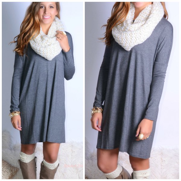 gray casual long sleeve dress with white scarf