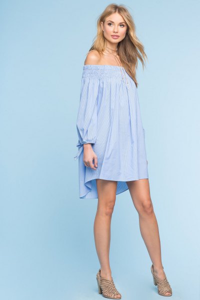 sky blue from shoulder long sleeve swing mini dress