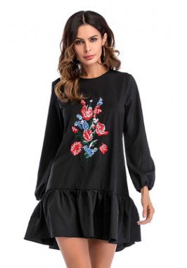 black floral embroidered casual sweatshirt dress