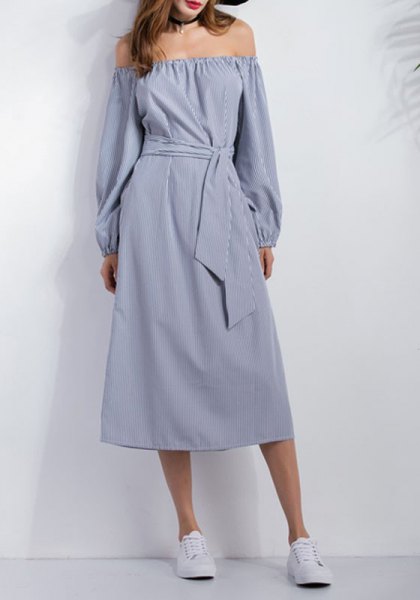 chambray of shoulder strap waist midi casual dress with sneakers