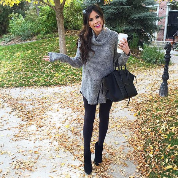 gray cabbage neck long ribbed sweater with leggings and black short boots