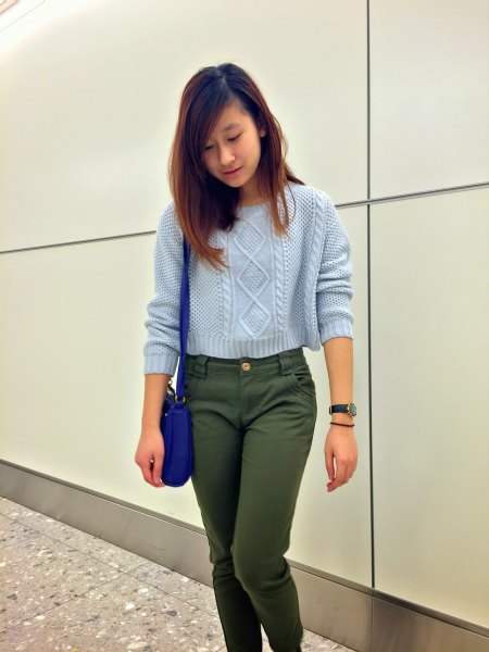 cropped cable knit sweater with green chinos