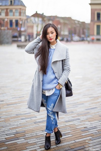 gray wool long jacket with ribbed sweater and boyfriend jeans