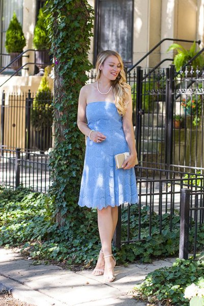 baby blue from the shoulder fit and flare lace midi dress
