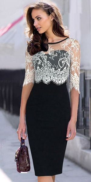 white half-heated lace top with black bodycon midi dress