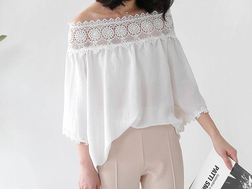 white lace blouse with boat neck with light pink pants