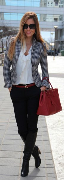 gray plaid tweed blazer and white cabbage blouse