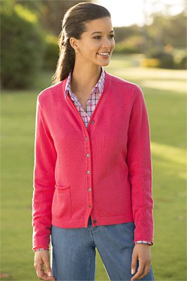 blush pink v-neck cardigan with checkered shirt