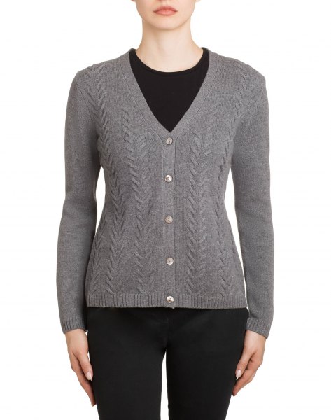 gray textured v-neck cardigan with black skinny jeans