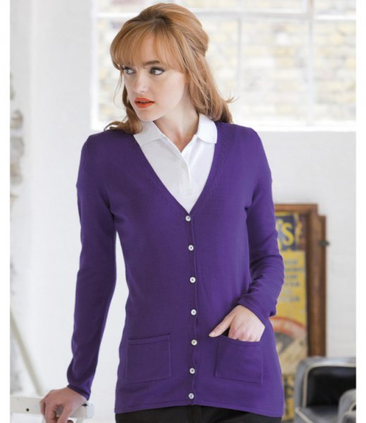 purple v-neck cardigan with white collar shirt