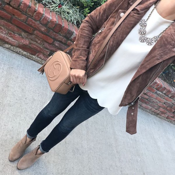 gray matte leather jacket with white peeled blouse