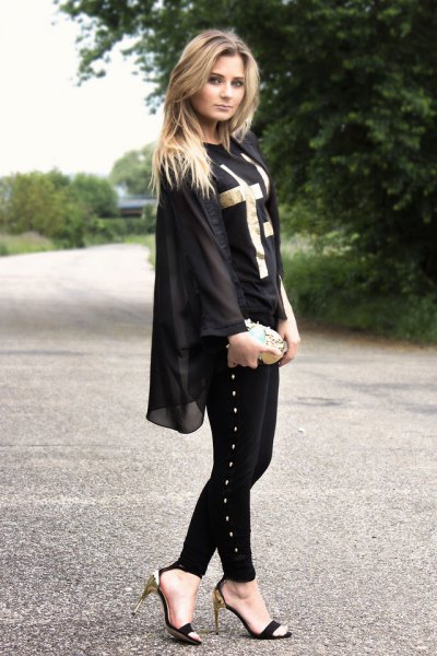 chiffon jacket with black and silver open toe kitten heel shoes