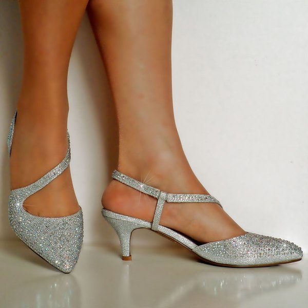 asymmetrical sequin heels in silver with blue cocktail dress