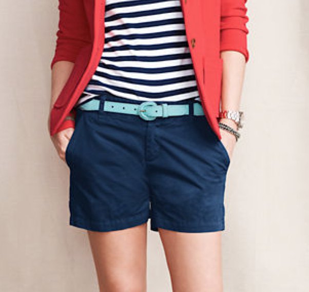 red blazer with striped tee and navy blue shorts