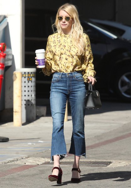 yellow floral printed blouse with extended cropped jeans