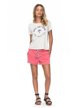 white print tee with pink fleece shorts