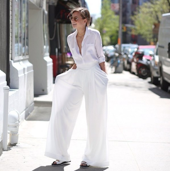 white button up shirt with matching palazzo pants and sandals