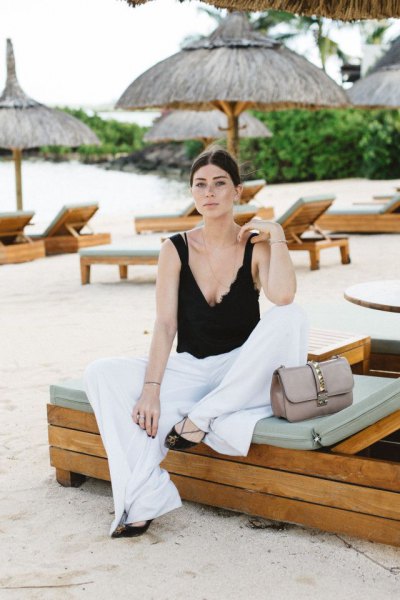 black deep v-top with top with white palazzo bags