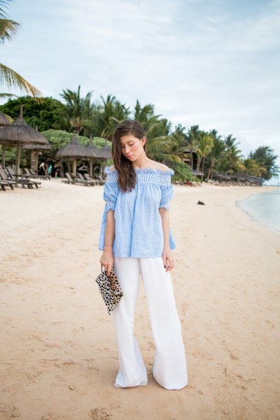 sky blue from the shoulder blouse with white palazzo bags