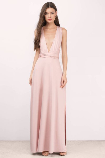 blush pink deep maxi dress in v-neck