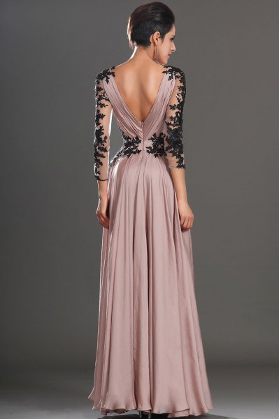 blush maxi pleated dress with black lace details