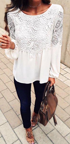 white long sleeve blouse with black skinny jeans