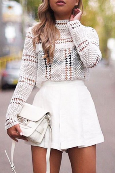 white crocheted mock neck top with mini skater skirt