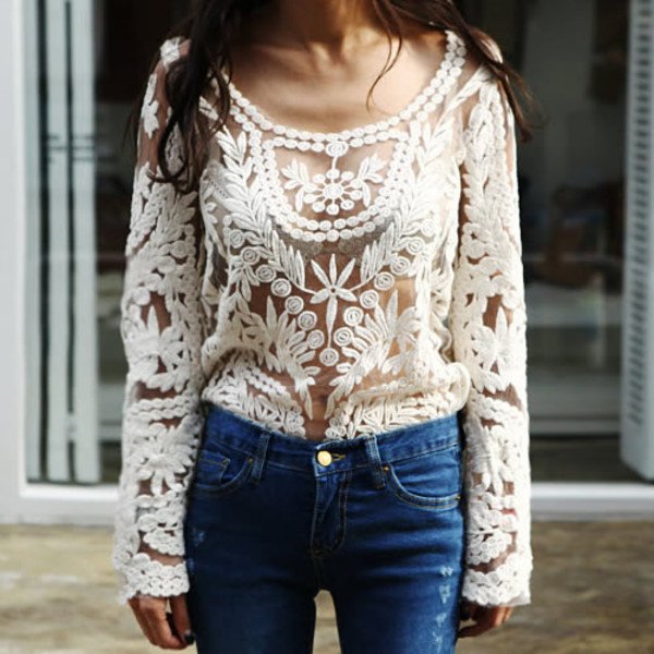 semi sheer lace top over white lace bralette
