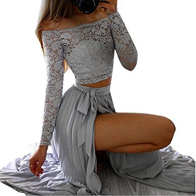 gray from shoulder lace crop with pleated high split maxi skirt