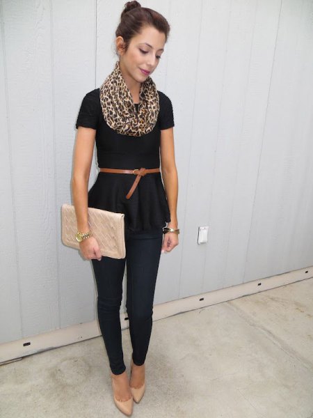 black belt with short sleeve peplum blouse with pink clutch bag