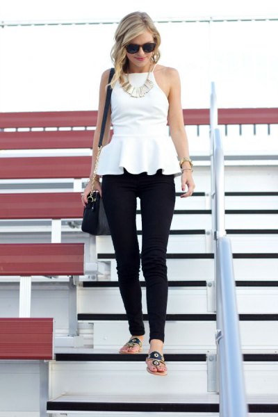 white ugly peplum blouse with black skinny pants