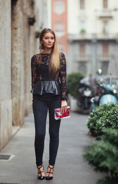 black leather and lace with long sleeve peplum top with skinny pants