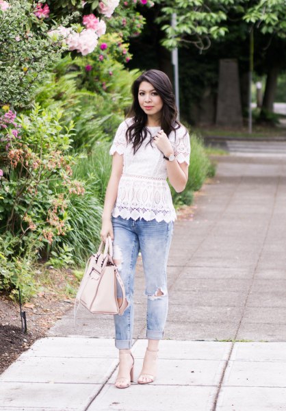 white scalloped lace peplum top with cuffed boyfriend jeans