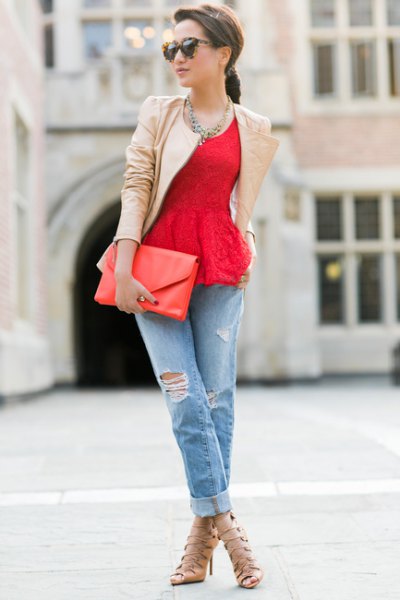 red lace peplum top with pink pink leather jacket