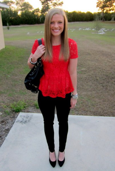 red lace top with black ballet flats