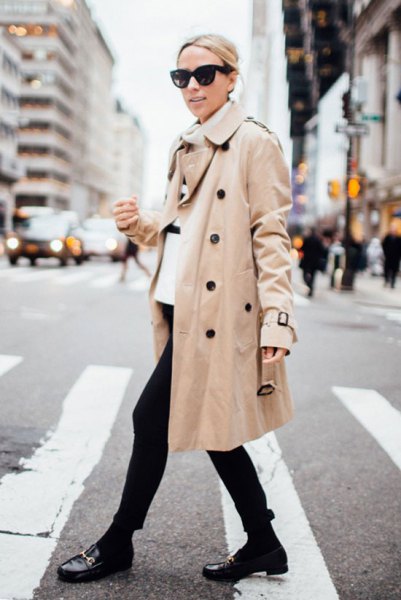 white sweater neck with beige trench