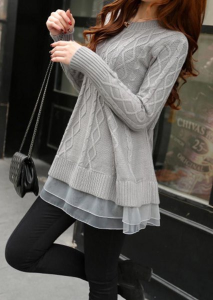 gray cable knit tunic sweater with chiffon semi sheer tunic top