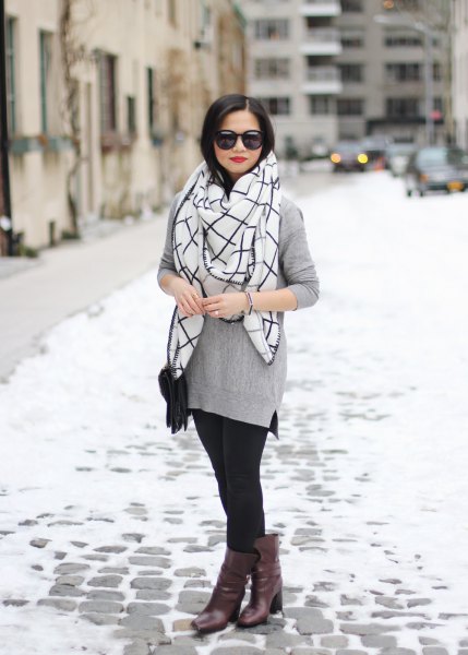 gray sweater with white and black checkered scarf