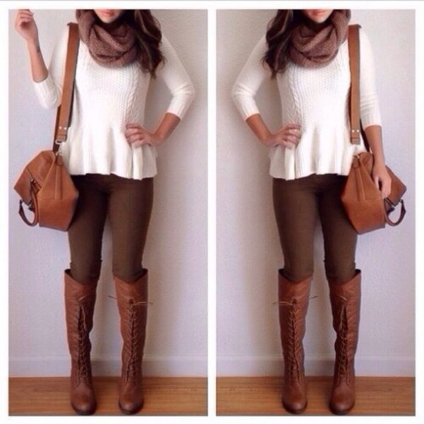 white ribbed sweater with brown skinny jeans and knee-high boots