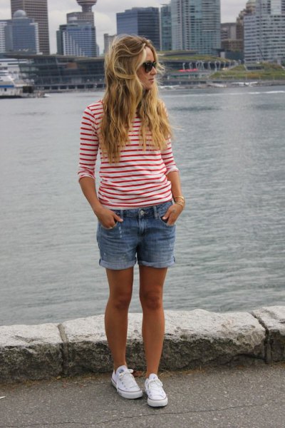 red and white striped long sleeve tee with denim shorts