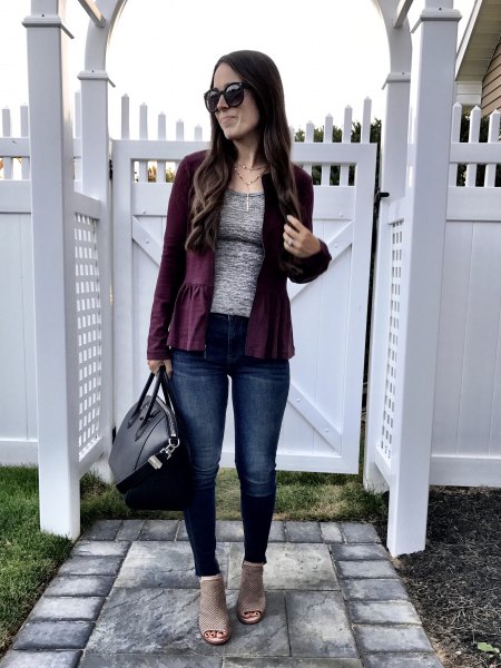 black blazer with heather gray tee and jeans