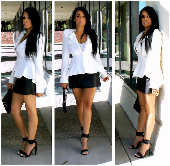 white blazer with mini skirt in black leather