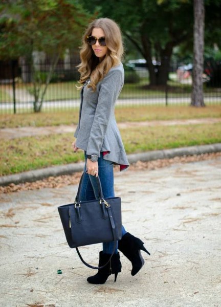 gray peplum blazer with black suede ankle shoes