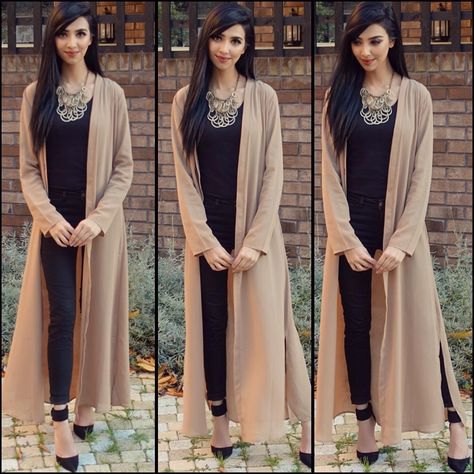 blush pink maxi cotton cardigan with black vest top and necklace