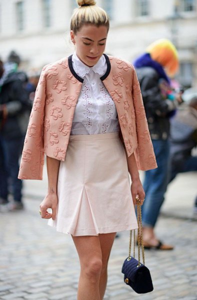 blush pink floral embroidered blazer with white high waist mini skirt