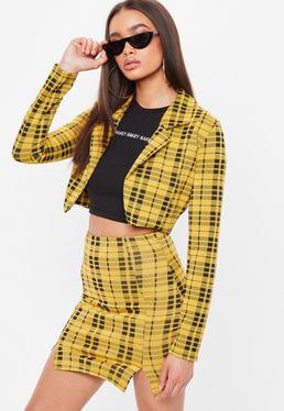 yellow and black checkered cropped blazer with matching mini skirt